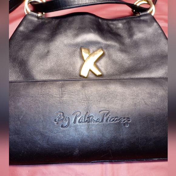Paloma Picasso Black Leather "X" Convertble Shoulder Bag w/Gold Accents - Picture 3 of 11